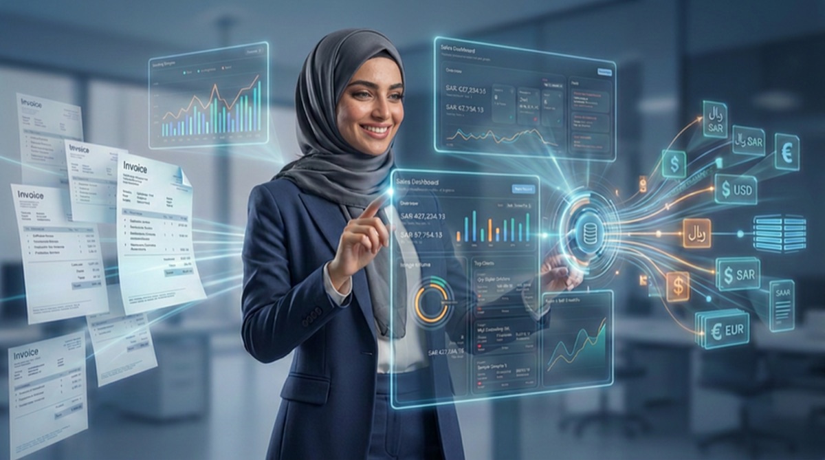 A Saudi businesswoman running the Wahabooks finance dashboard